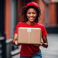 A black female courier service provider with red t-shirt and boxs