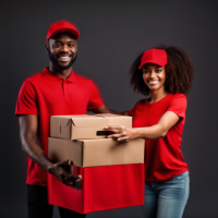 A black male courier service provider with red t-shirt and boxs giving box to a black female receiver
