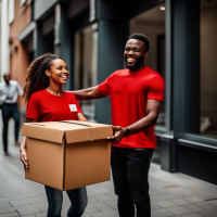 A black male courier service provider with red t-shirt and boxs giving box to a black female