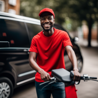 A black male courier service provider with red t-shirt providing pickup service